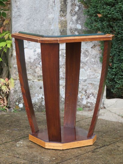 Hexagonal pedestal table in natural wood,...