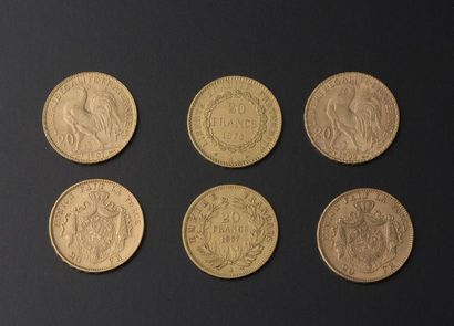 null Ensemble de six pièces d'or comprenant :

- 20 francs français Napoléon III;

-...