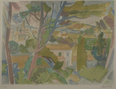 André LHOTE (1885-1962). 
Paysage aux maisons....