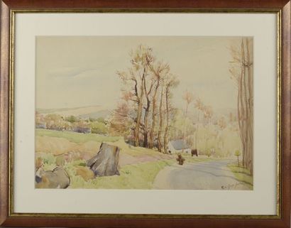 null René-Georges GAUTIER (1887-1969).

Paysage animé d'une paysanne.

Aquarelle...