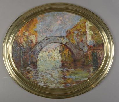  Charles DAGNAC-RIVIERE (1864-1945). 
Le pont des Seins à Venise. 
Huile sur panneau...