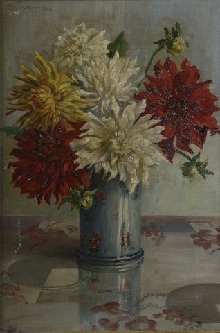  Simone MERCEY (1907-?). 
Bouquet de dahlias dans un vase. 
Huile sur toile signée...