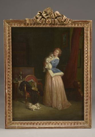 null French school of the 19th century. 

Woman and cat in an interior. 

Oil on...