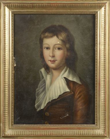 null Ecole du début du XIXe siècle. 

Portrait de jeune homme en habit rouge. 

Huile...