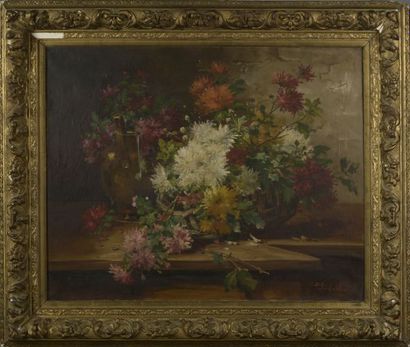 null Pierre-Louis RICHARD (act.1861-1880).

Bouquet de chrysanthème sur un entablement.

Huile...