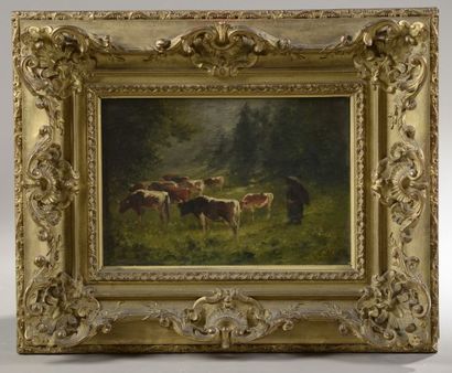 null Félix Dominique DE VUILLEFROY (1841-1910).

Herd of cows and cowherd in a valley.

Oil...
