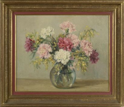 null *L.COURAN (XXe siècle).

Bouquet de fleurs dans un vase de verre.

Huile sur...