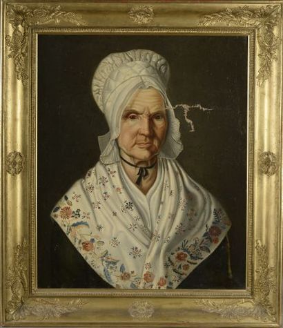 null École française du XIXe siècle.

Femme d'âge mûr au bonnet.

Huile sur toile...