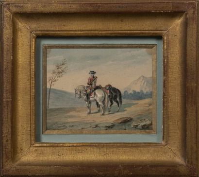 null Sébastien BENARD (1810-1873). 

Soldat et deux chevaux. 

Aquarelle signée...