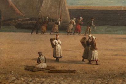 null Romain Étienne Gabriel PRIEUR (1806-1873/79). Scène de halage dans un port...