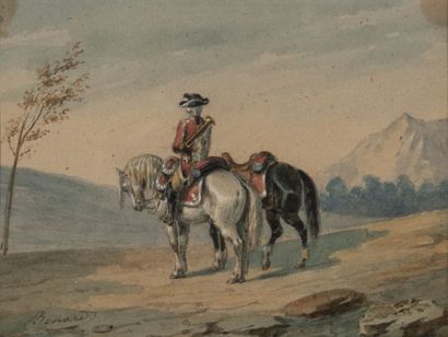 null Sébastien BENARD (1810-1873). 

Soldat et deux chevaux. 

Aquarelle signée...