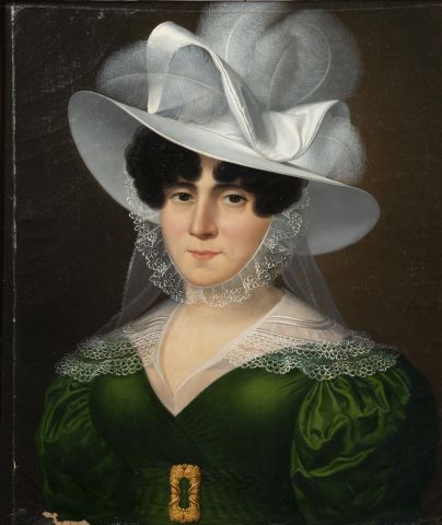null GIROUST (XIXe siècle).

Portrait de femme au chapeau de satin blanc et plumes...
