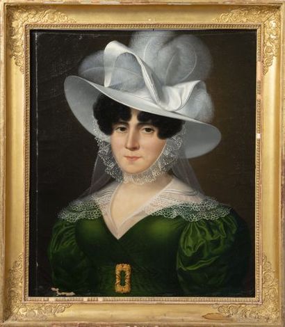 null GIROUST (XIXe siècle).

Portrait de femme au chapeau de satin blanc et plumes...