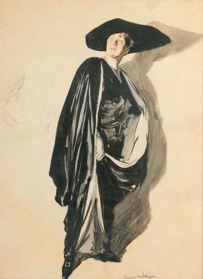 DRIAN (1885 - 1961) Femme au drapé et au chapeau noir Dessin au crayon, à la sanguine...