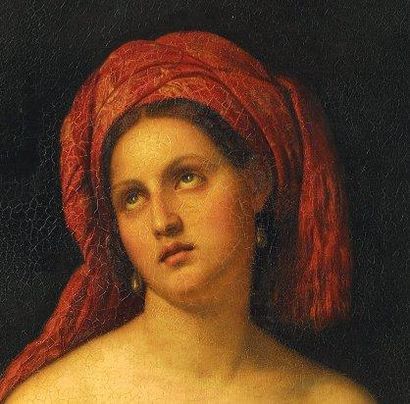 École Italienne vers 1830 Jeune femme au turban rouge écrivant à la plume d'oie Huile...
