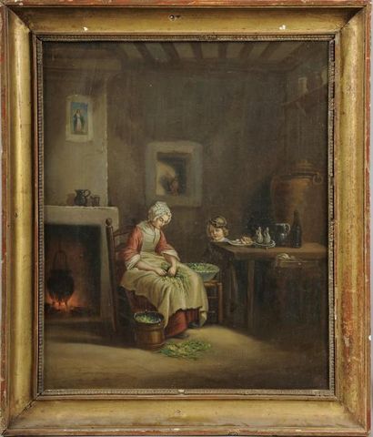 École Française du XIXème siècle Cuisinière et enfant dans l'office Huile sur toile...