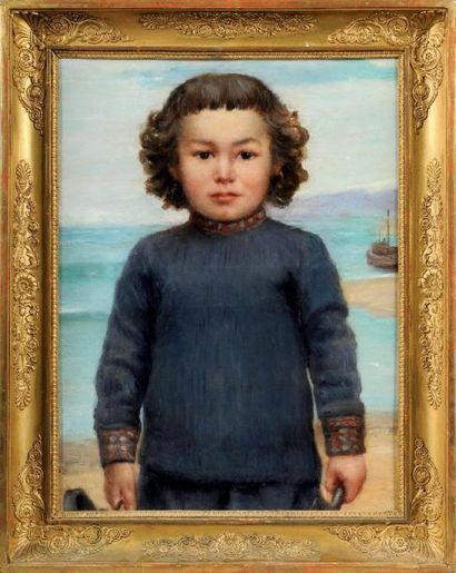 Henri FARRE (Foix, 1871 - 1934) Portrait d'un enfant sur la plage Huile sur toile...