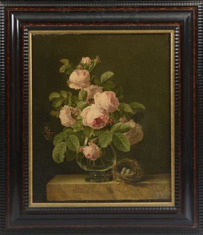 null *Ernestine PANCKOUCKE (1784-1860).

Bouquet de roses dans un vase et nid sur...