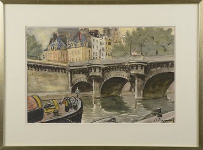 null Pierre Ludovic DUMAS (1892-?)

Vue de Paris depuis les quais sous le Pont-Neuf.

Aquarelle...