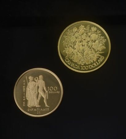 null 
Deux pièces en or de 100 Dollars canadiens au profil de la reine Elizabeth...