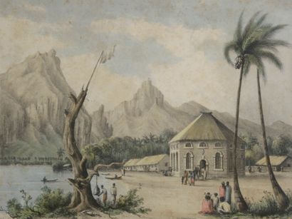 null École anglaise du XIXe siècle. 

Vue de Tahiti titrée "Taloo Harbour Island...