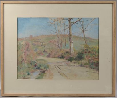 null Ernest-Auguste LE VILLAIN (1834-1906).

Chemin de campagne.

Gouache signée...