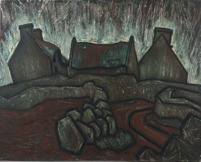 null COULIOU (1916-1995).

"Les chaumières".

Oil on canvas signed lower left, with...