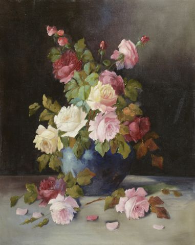 null *School of the XXth century.

Bouquet of roses in a vase on an entablature.

Oil...
