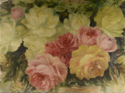 null Suite of three oil on canvas illustrating bouquets of roses, two of which are...