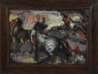 null Eduardo PISANO (1912-1986).

Three bulls in a manade.

Oil on paper mounted...