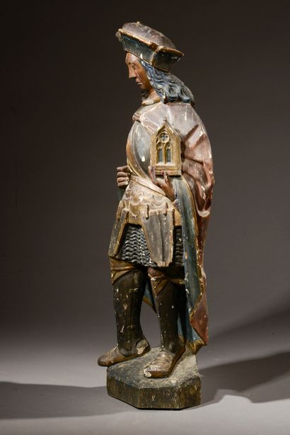 null 
Saint Victor (?) in carved and polychromed oak with gold highlights. Standing,...