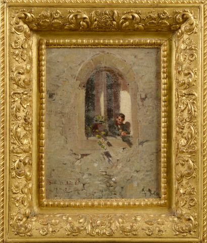 null French school of the 19th century.

Personage at the window.

Oil on canvas...
