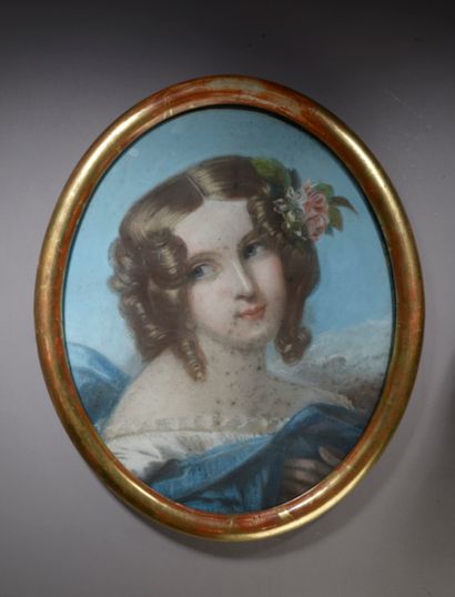 null École française du XIXe siècle.

Portrait d'une élégante coiffée d'anglaises....