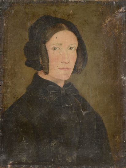 null École du XIXe siècle.

Portrait d'une femme en habit noir.

Huile sur toile...