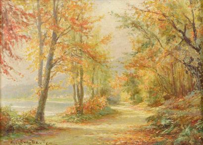 Eugène DEULLY (1860-1933). Paysage de sous-bois,...