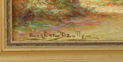 null Eugène DEULLY (1860-1933).

Paysage de sous-bois, au bord d'un lac de montagne.

Huile...