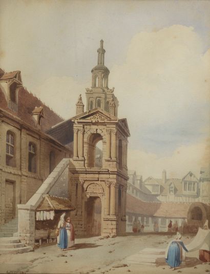Adolphe HERVIER (1818-1879). Place de marché....
