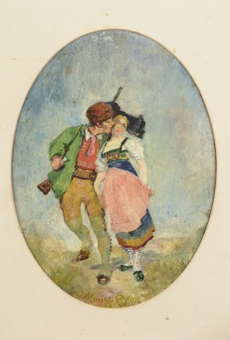  Maurice ÉLIOT (1864-1945). 
Chasseur embrassant son amie alsacienne. 
Huile sur...