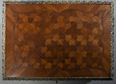 null Rosewood veneer box with inlaid decoration on the top of a checkerboard movement....