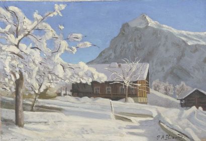  École suisse du milieu du XXe siècle. 
Paysage des Alpes vaudoises. 
Huile sur toile...