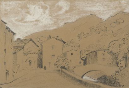 null French school of the beginning of the 20th century. 

The village at the bridge.

Pencil...