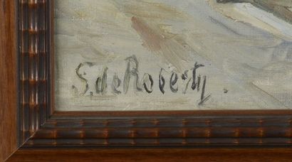  Sophie de ROBERTY LA CERDA (XXe siècle). 
Vue d'un port. 
Huile sur toile signée...
