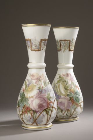 null Pair of white opaline bottle vases with polychrome decoration of bouquets of...