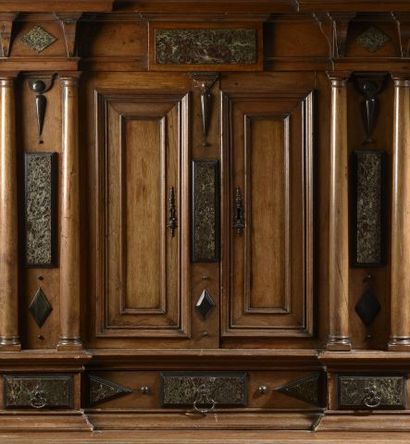 null Cabinet in diminutive walnut molded, turned and partly stained with green marble...