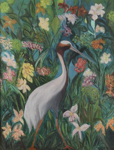  CH.GRUERE (XXth century). 
Bouquet of flowers and Crane in a floral landscape. 
Two...