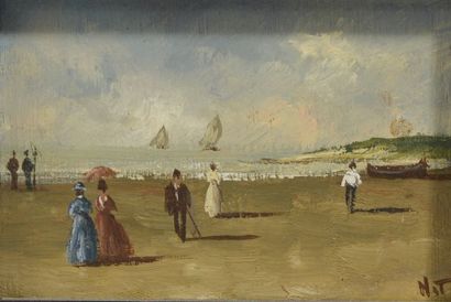  French school of the XXth century. 
Animated Beaches. 
Two small oils on panel monogrammed...