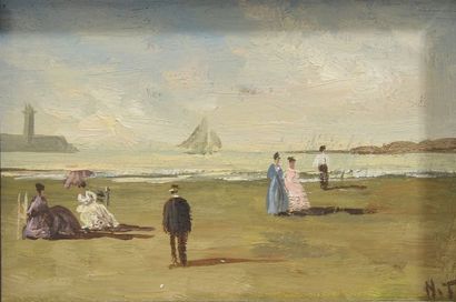 French school of the XXth century. 
Animated Beaches. 
Two small oils on panel monogrammed...