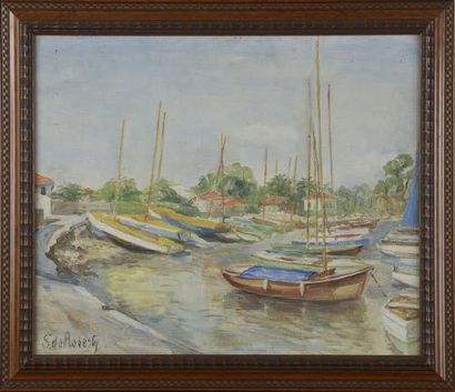 null Sophie de ROBERTY LA CERDA (XXe siècle).

Vue d'un port.

Huile sur toile signée...