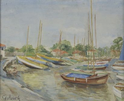  Sophie de ROBERTY LA CERDA (XXe siècle). 
Vue d'un port. 
Huile sur toile signée...