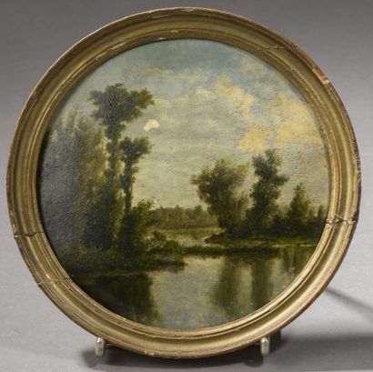  French school of the 19th century. 
River bank. 
Small oil on circular paper (missing...